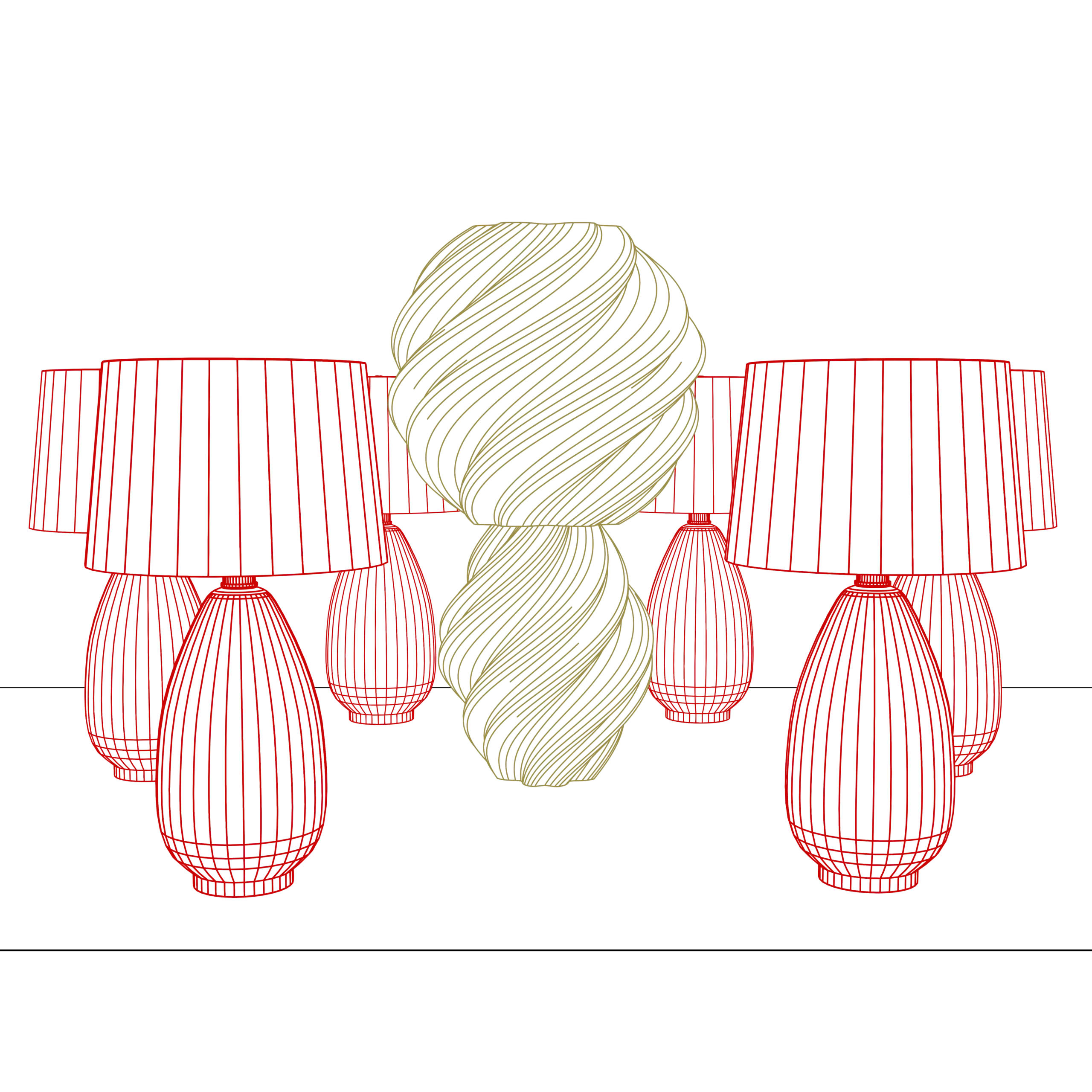 A lamp (gold) surrounded by six lamps (red), symbolizing quality over quantity.
